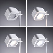 Modern white LED floor lamp with adjustable square light head and touch switch for living spaces.