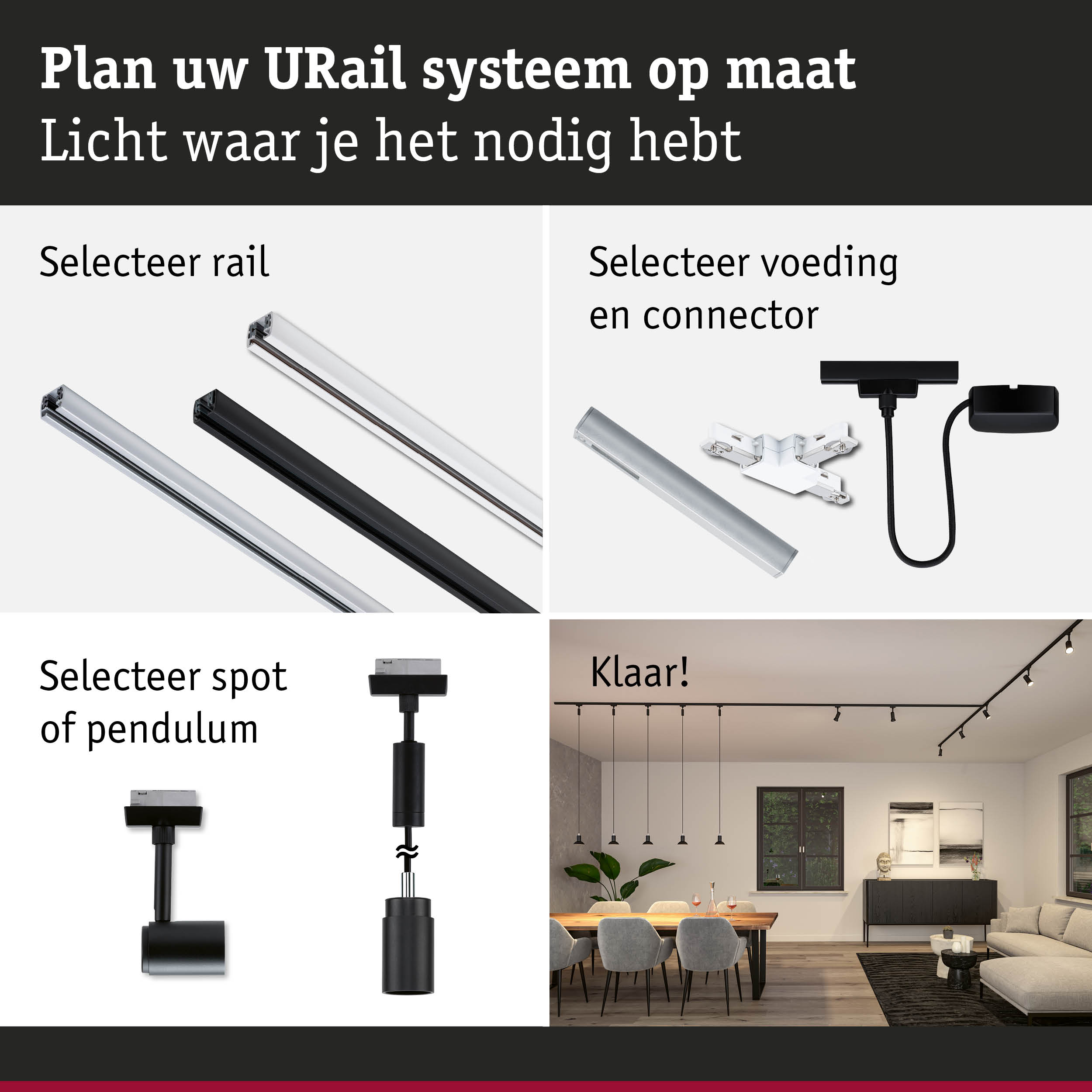 Modulair URail railsysteem met zwarte en witte rails, connectoren en spots voor flexibele verlichting