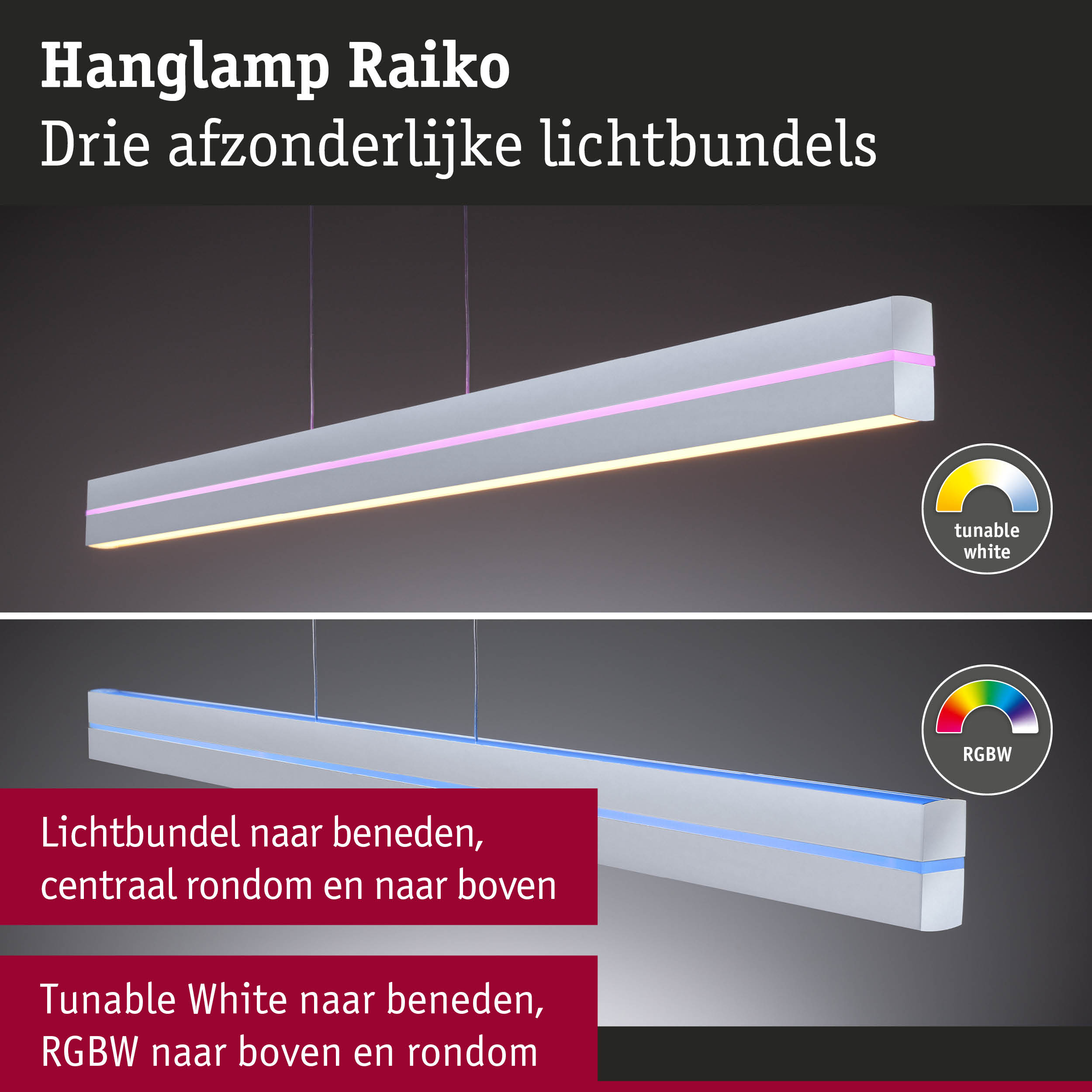 Moderne witte hanglamp Raiko met drie lichtbundels en instelbaar wit en RGBW-licht