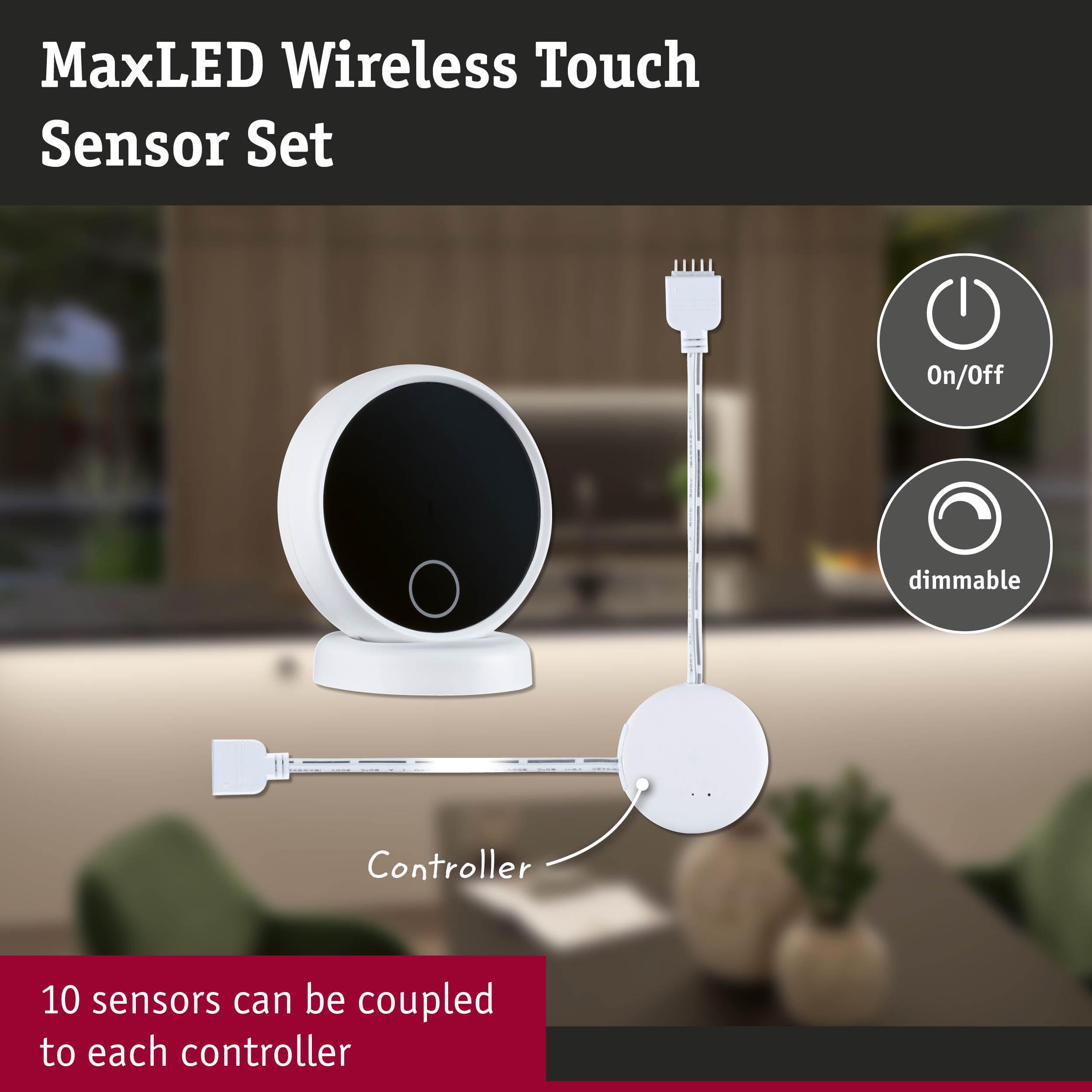 MaxLED wireless touch sensor set with white controller and black touchpad, dimmable and on/off function