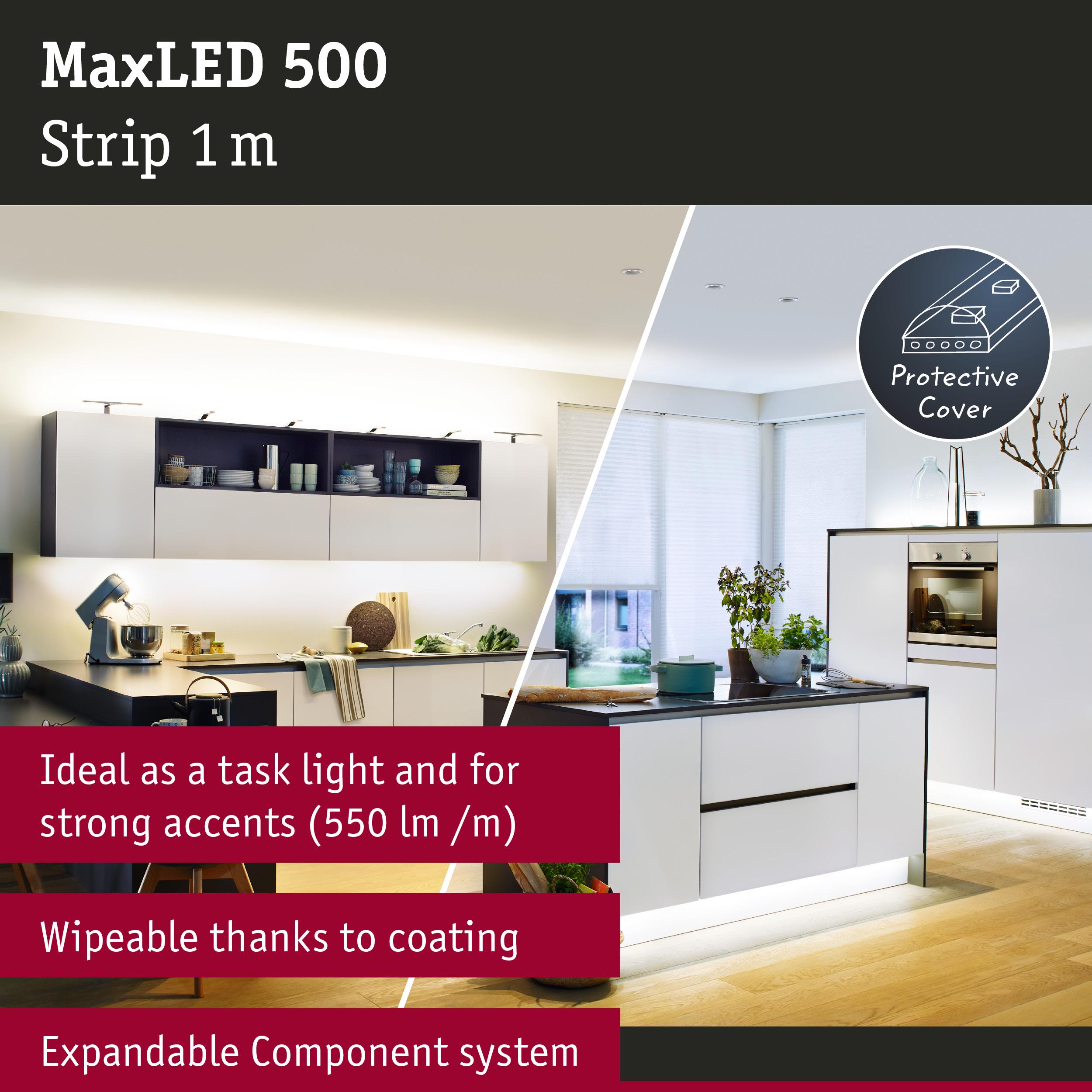 MaxLED 500 1m LED strip with protective coating, perfect for kitchen task lighting and accent illumination