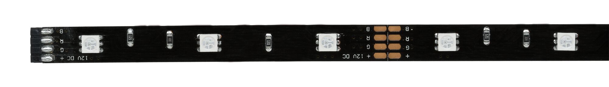 Schwarzes LED-Lichtband mit weißen LEDs und 12V DC Anschluss für flexible Beleuchtungslösungen.