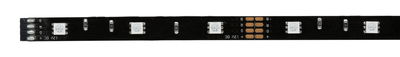 Schwarzes LED-Lichtband mit weißen LEDs und 12V DC Anschluss für flexible Beleuchtungslösungen.