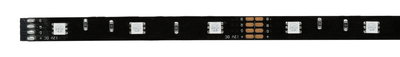 Sort LED-strip med hvide LED'er og 12V DC tilslutning til alsidig belysning.