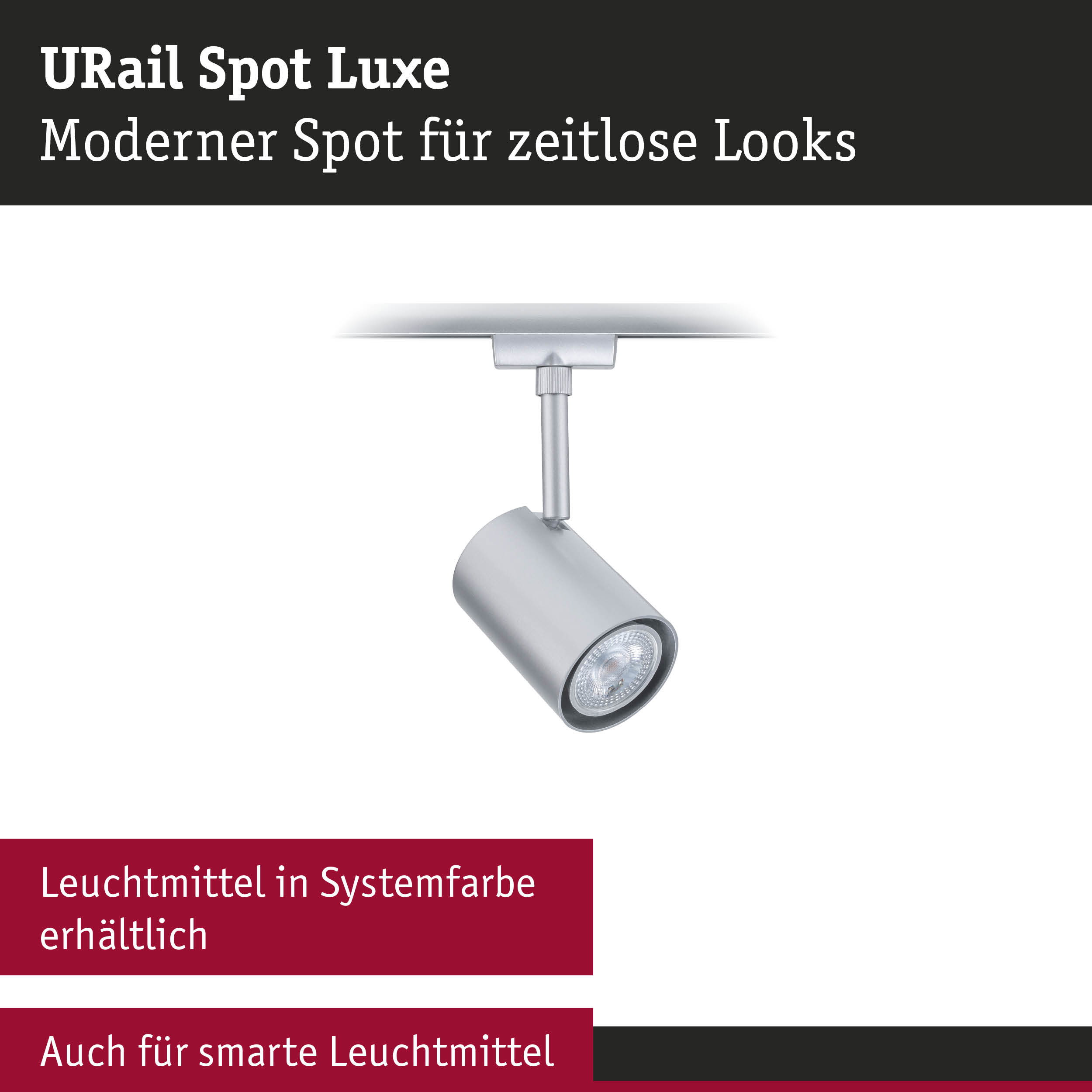 Moderner URail Spot Luxe in silberner Systemfarbe, LED-Strahler für zeitlose Beleuchtung