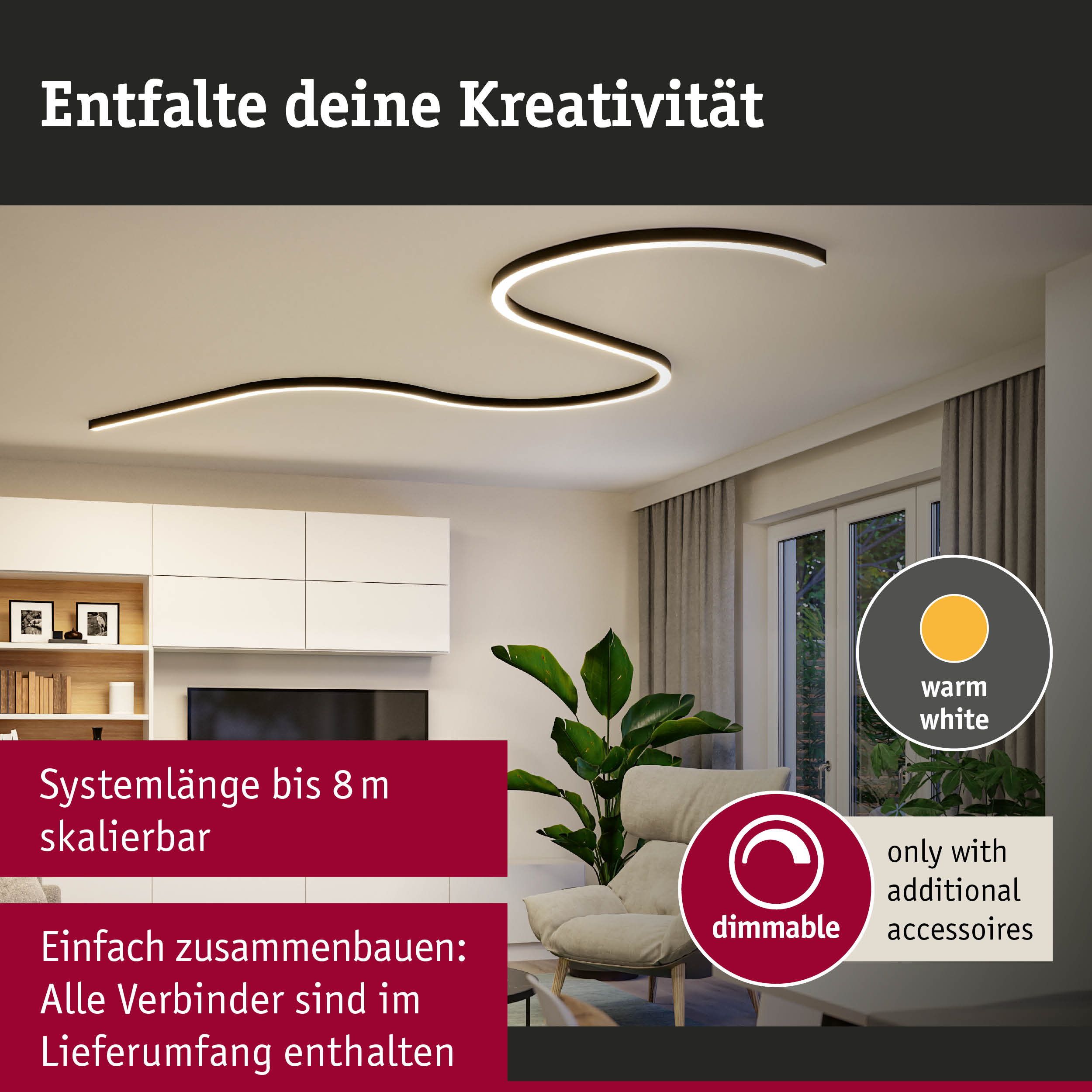 Schwarze LED-Deckenleuchte in geschwungener Form mit warmweißem Licht für modernes Wohnzimmer