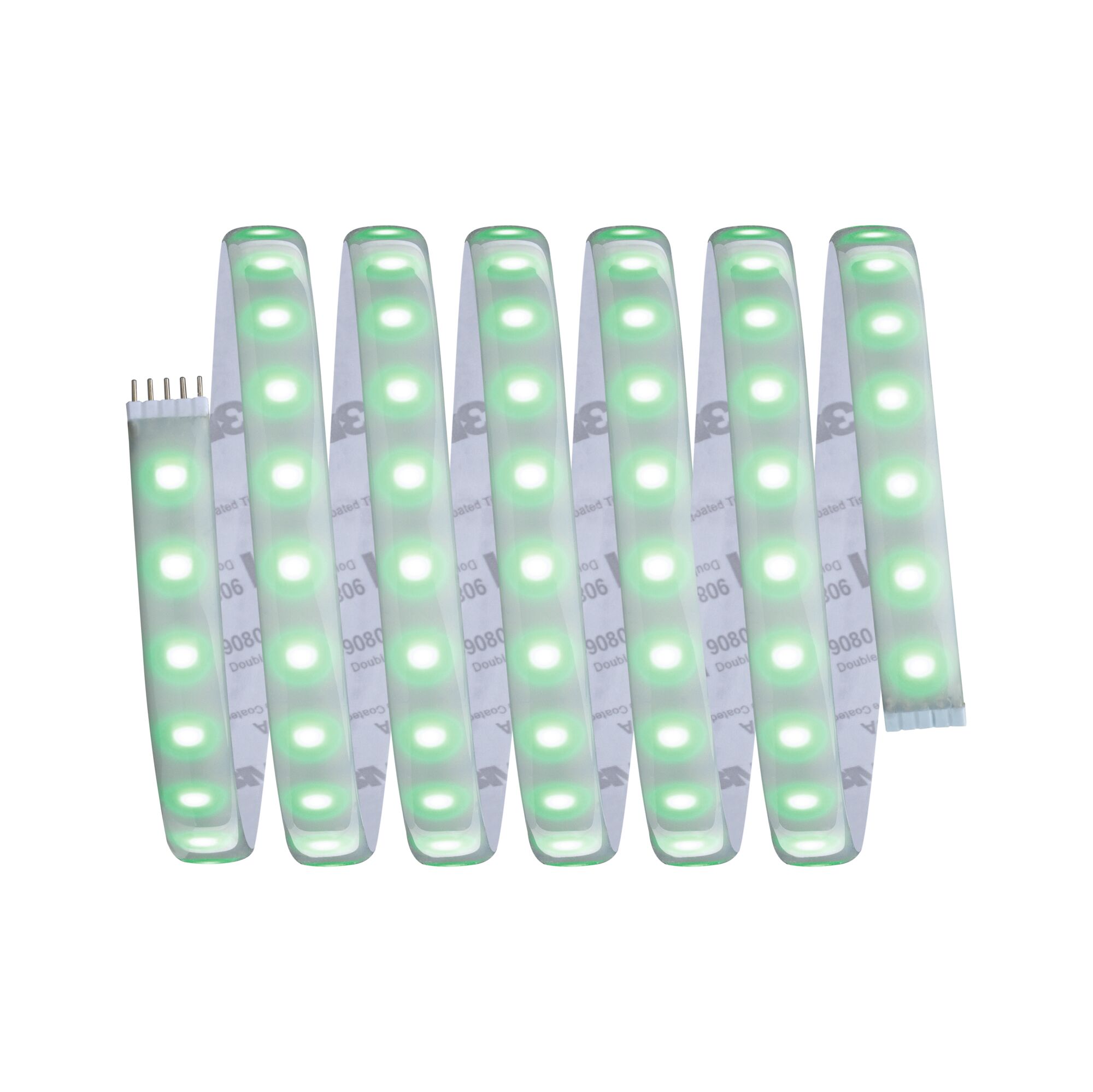 Bande LED flexible avec lumières vertes et blanches pour éclairage et décoration modernes.