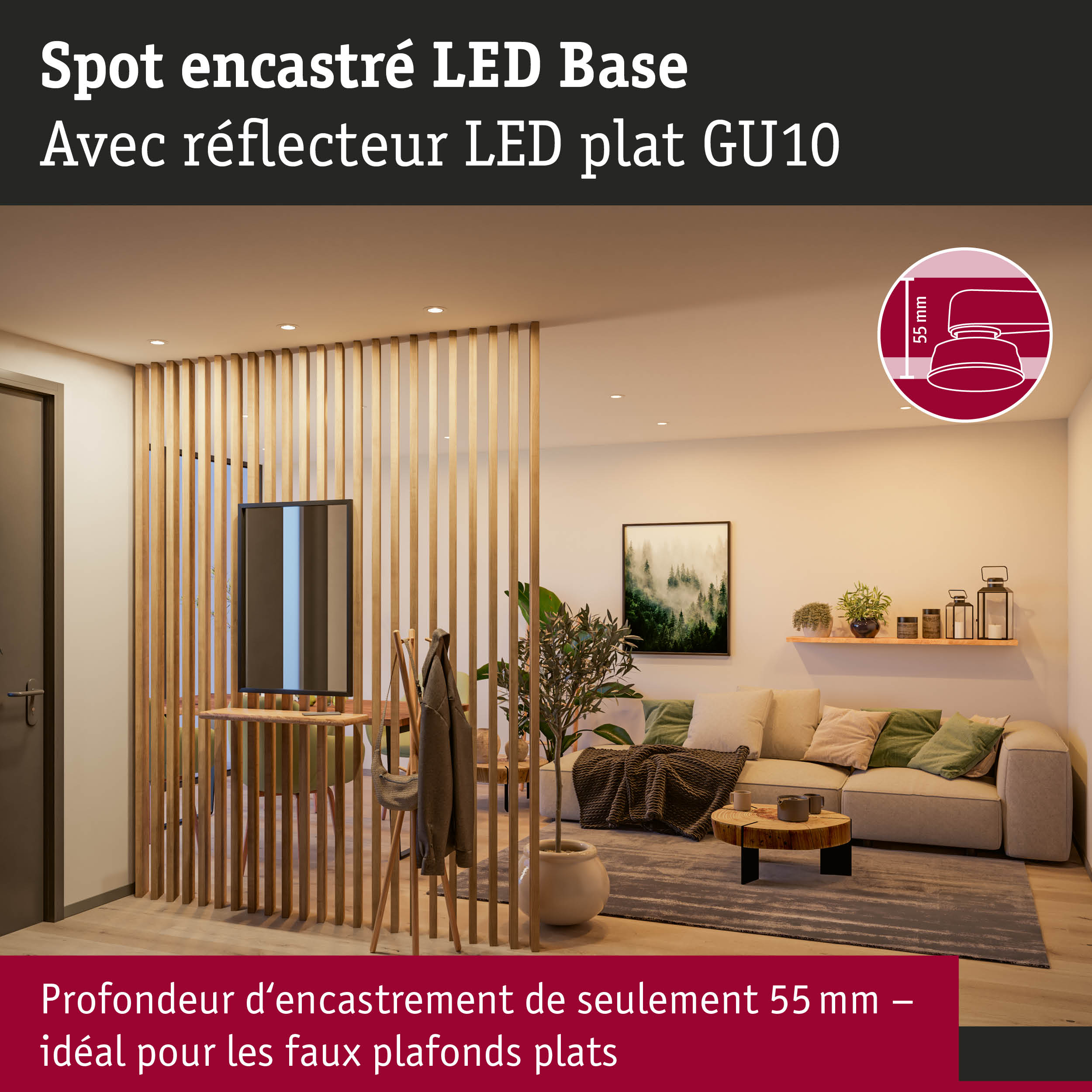 Spot encastré LED avec réflecteur plat GU10, profondeur d'encastrement 55 mm, idéal pour plafonds plats