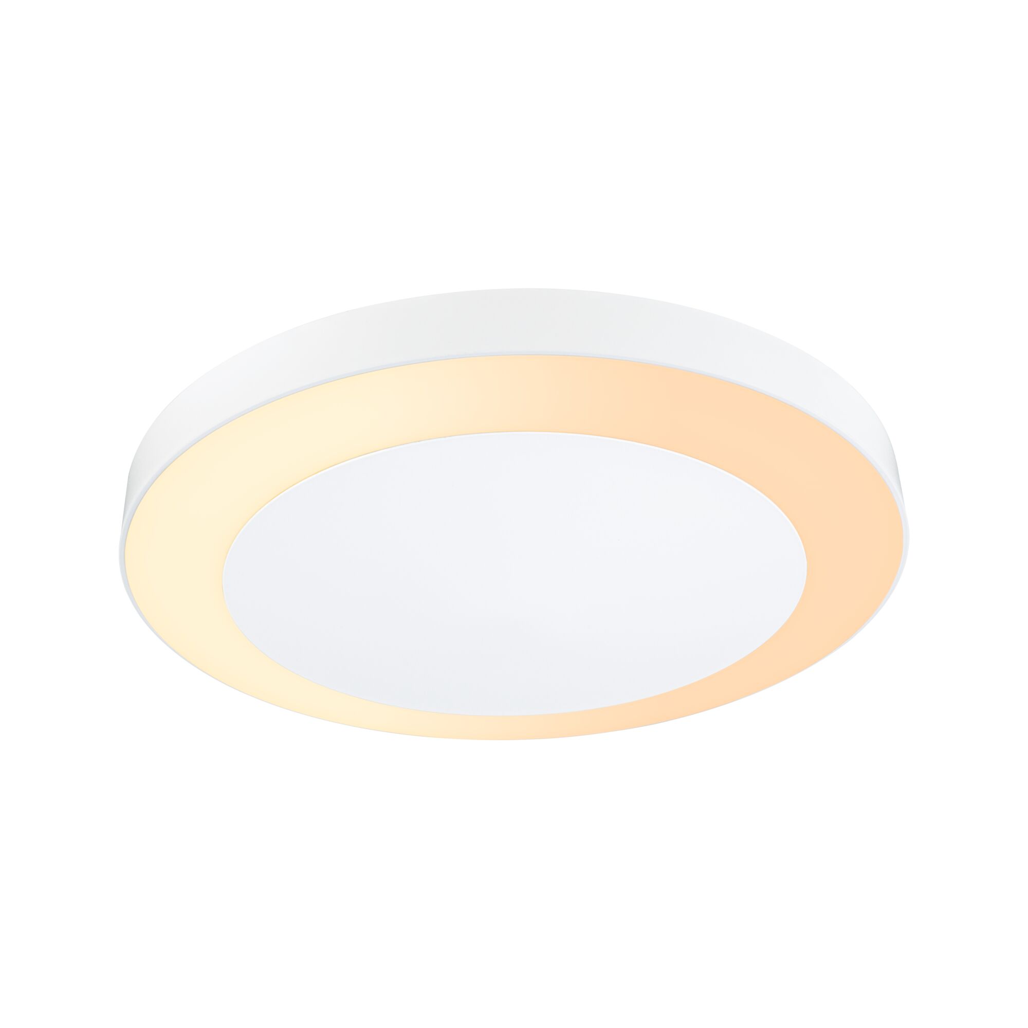 Round white LED ceiling light with warm white glow and modern design for living spaces