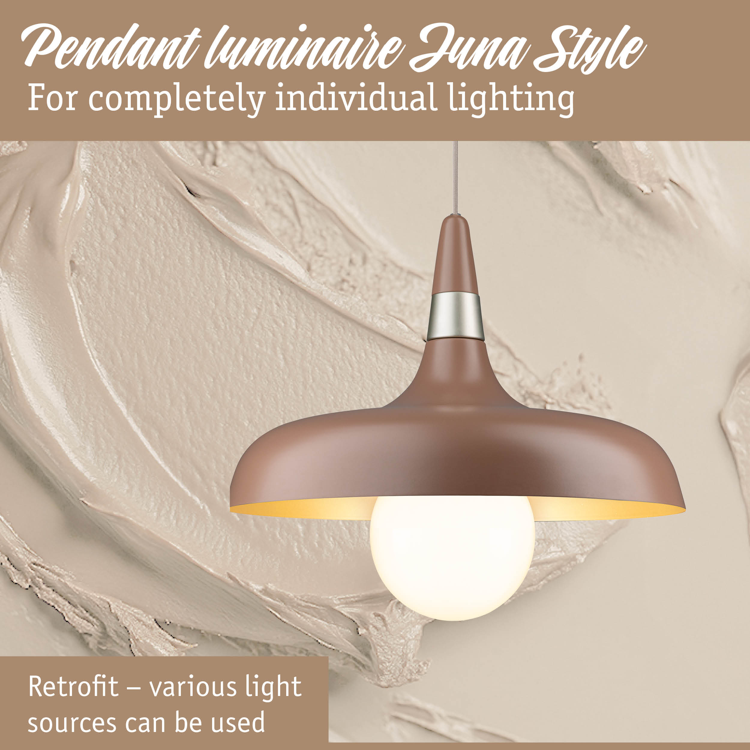 Brown Luna Style pendant luminaire with metal ring and warm white light for custom lighting