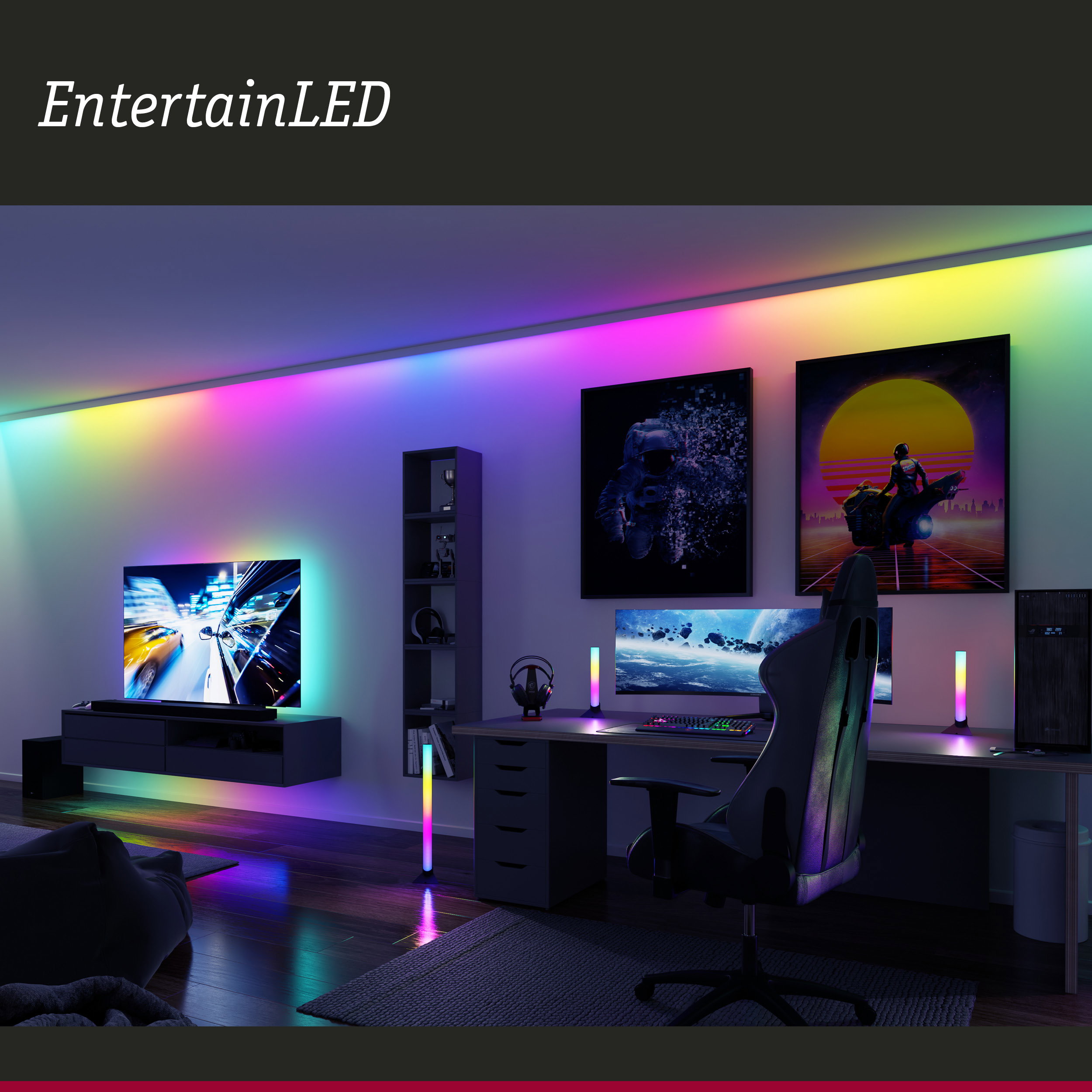 Modernes Gaming-Zimmer mit RGB-LED-Streifen und bunten Lichtleisten für stimmungsvolle Raumbeleuchtung