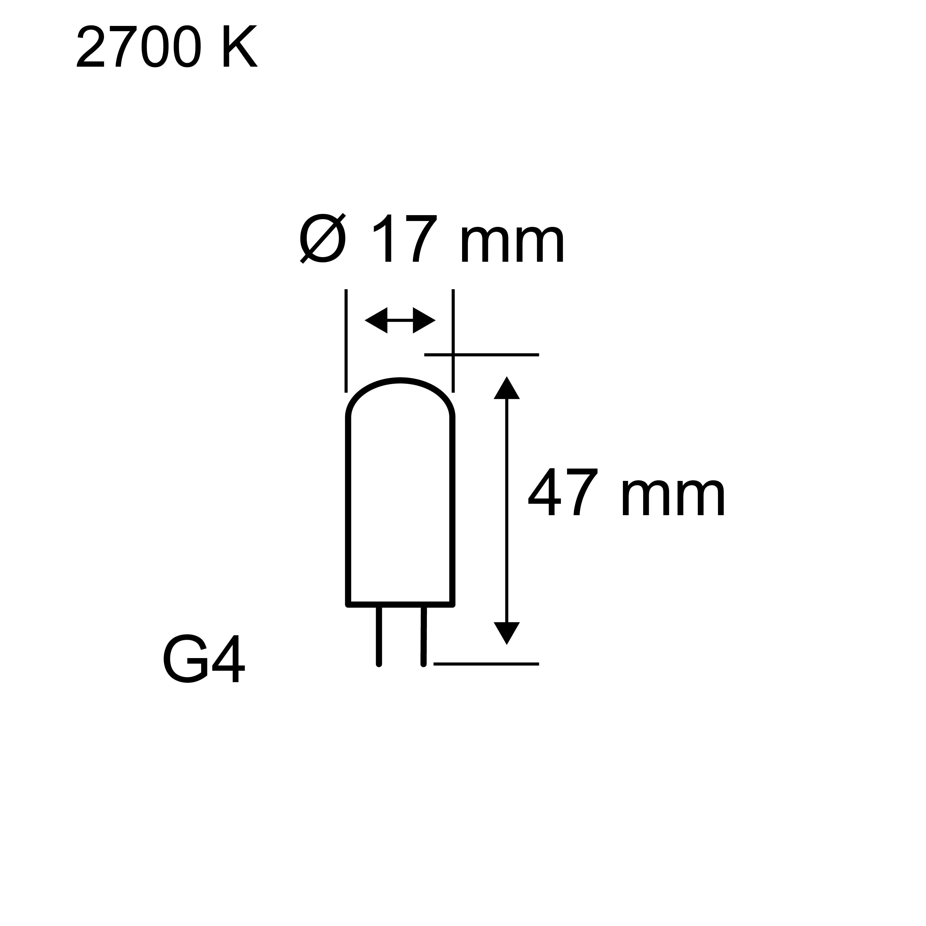 Technische tekening van G4 LED-lamp met 17 mm diameter en 47 mm lengte, 2700 K warm licht