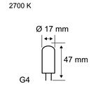 Technische tekening van G4 LED-lamp met 17 mm diameter en 47 mm lengte, 2700 K warm licht