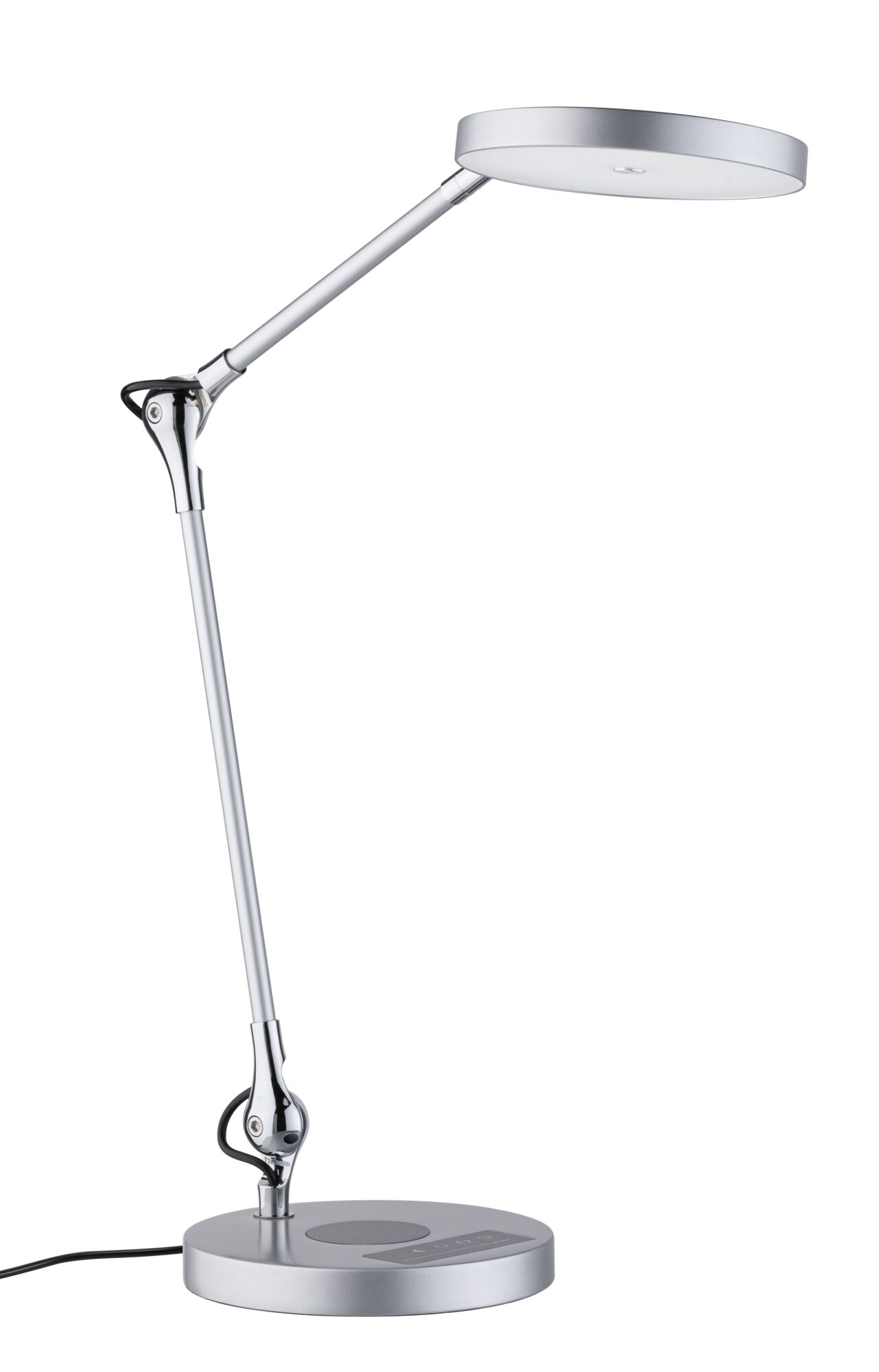 Modern silver metal LED desk lamp with adjustable arm and touch control for office lighting