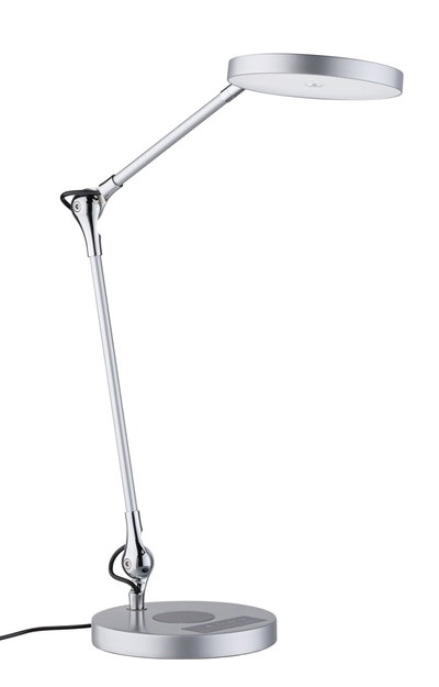 Modern silver metal LED desk lamp with adjustable arm and touch control for office lighting