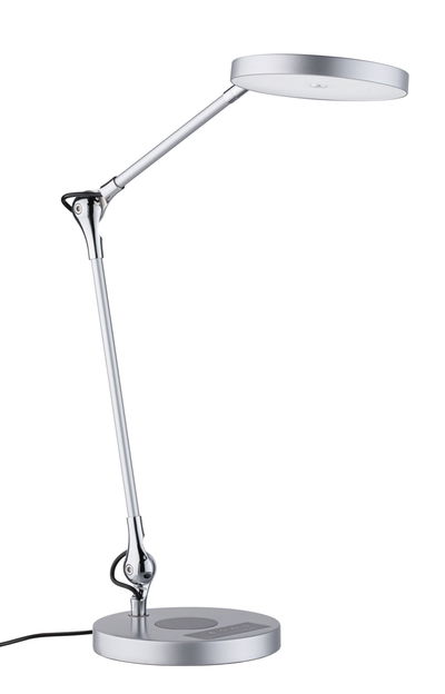 Moderne silberne LED-Schreibtischlampe aus Metall mit verstellbarem Arm und Touch-Steuerung