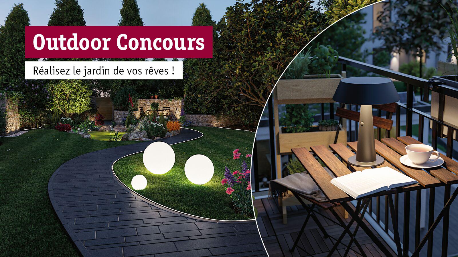 Chemin de jardin éclairé avec lampes rondes extérieures et balcon avec lampe moderne et tasse de thé