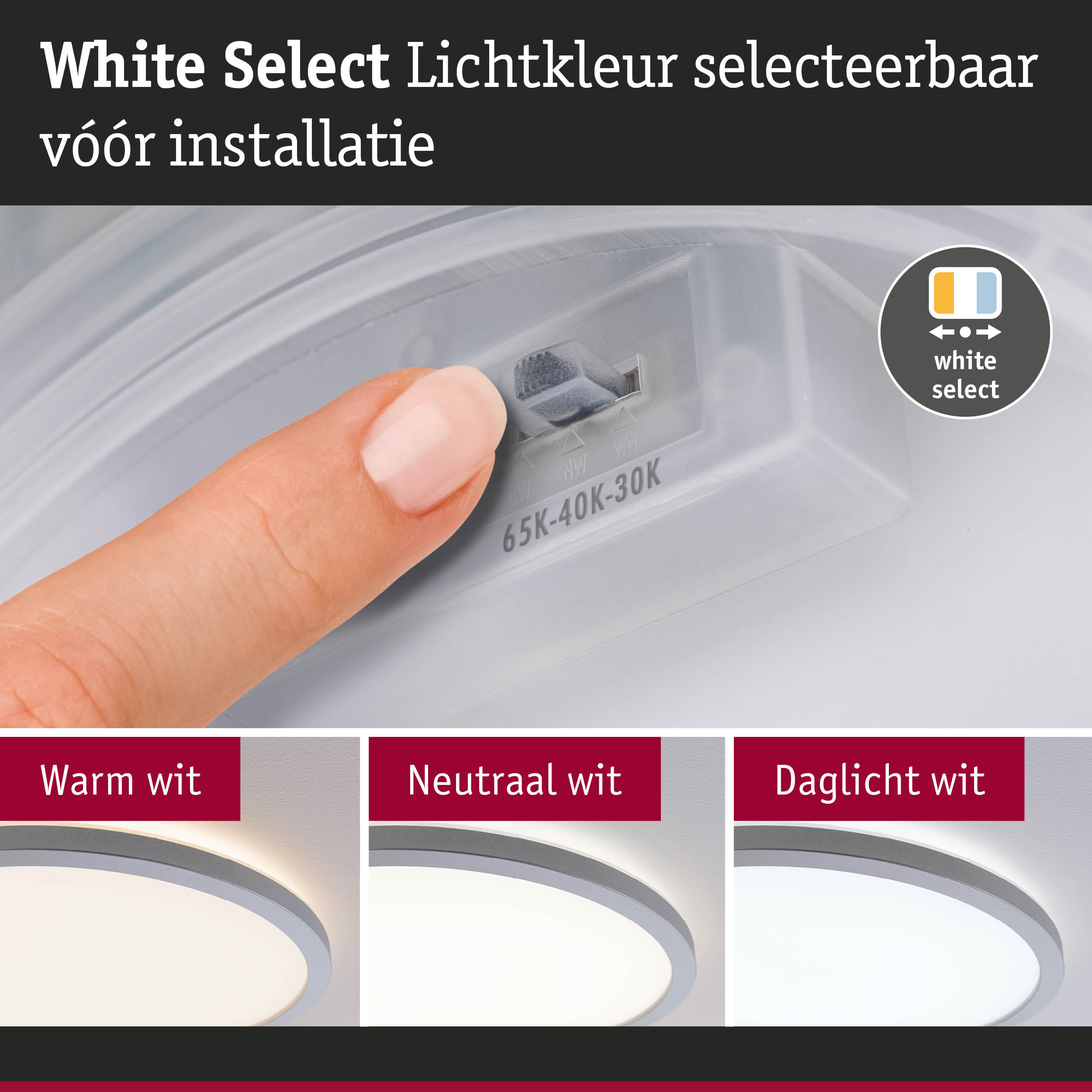 Vinger stelt witte LED-plafondlamp in met selecteerbare lichtkleur warm, neutraal en daglicht