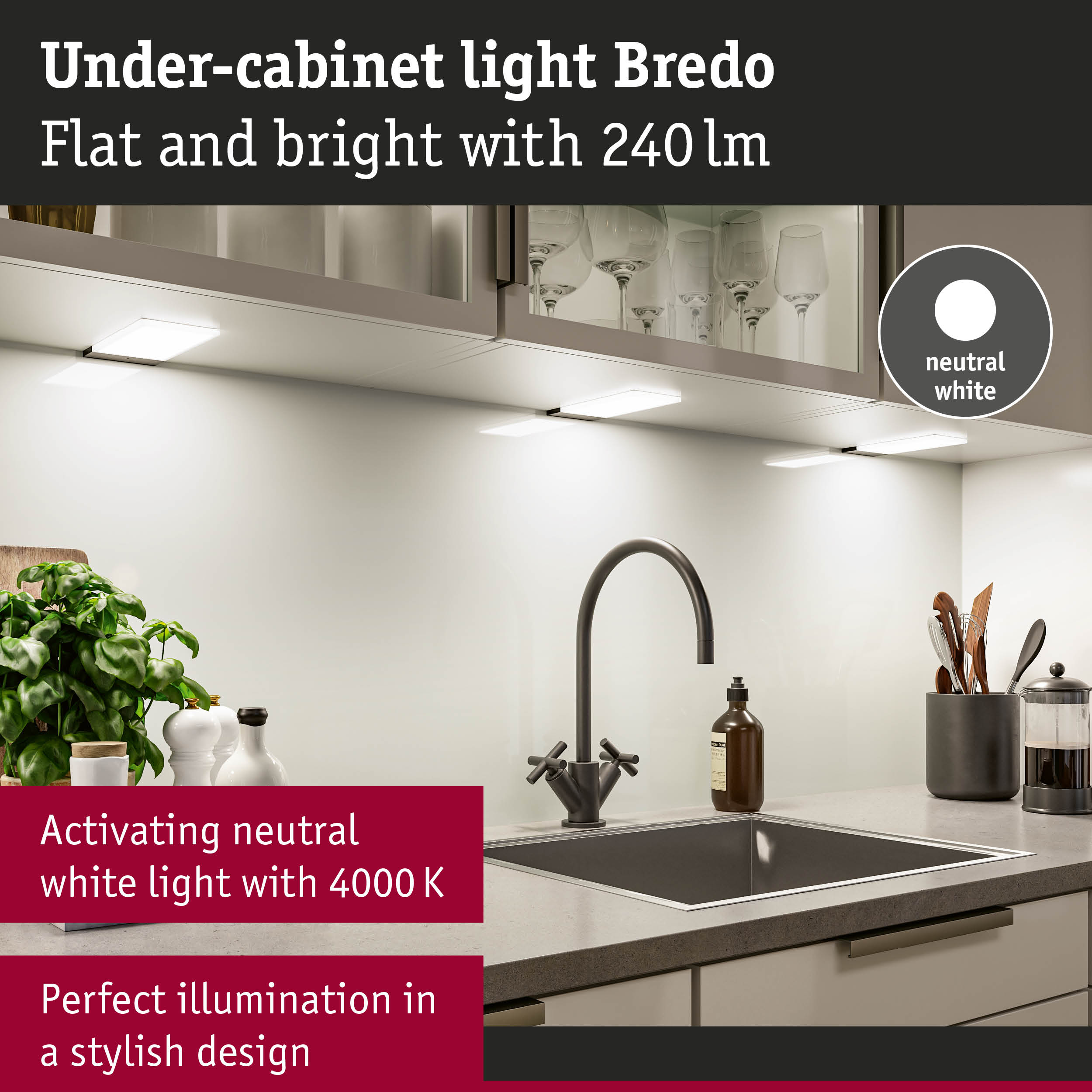 Flat under-cabinet light Bredo in neutral white 240 lm for stylish kitchen illumination