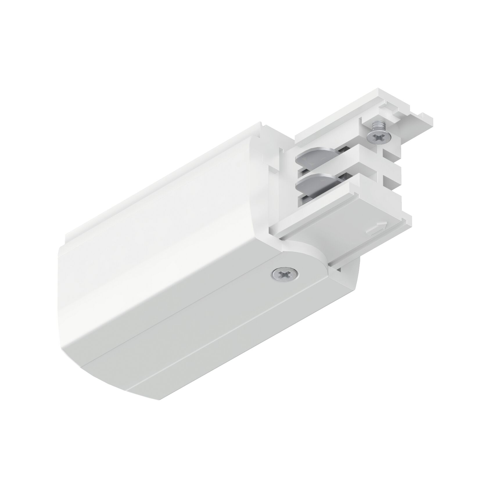 Boîtier en plastique blanc avec vis et rails de guidage pour éclairage sur rail LED