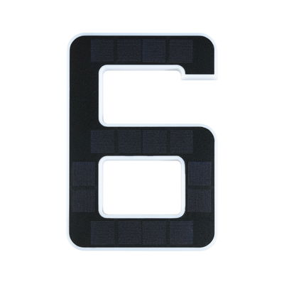 Black solar house number 6 with white edges made of plastic for outdoor lighting and number display