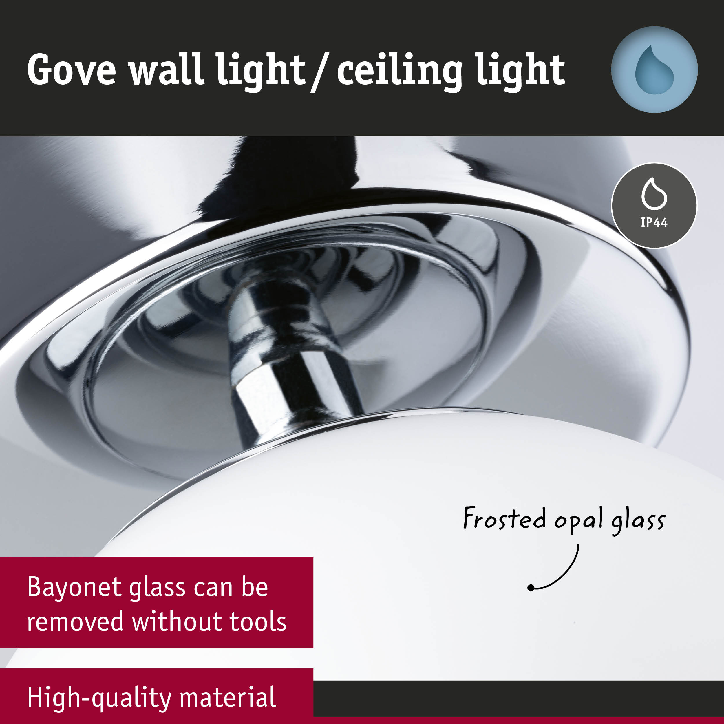 Gove wall light with chrome finish and frosted opal glass, IP44 rated, removable bayonet glass