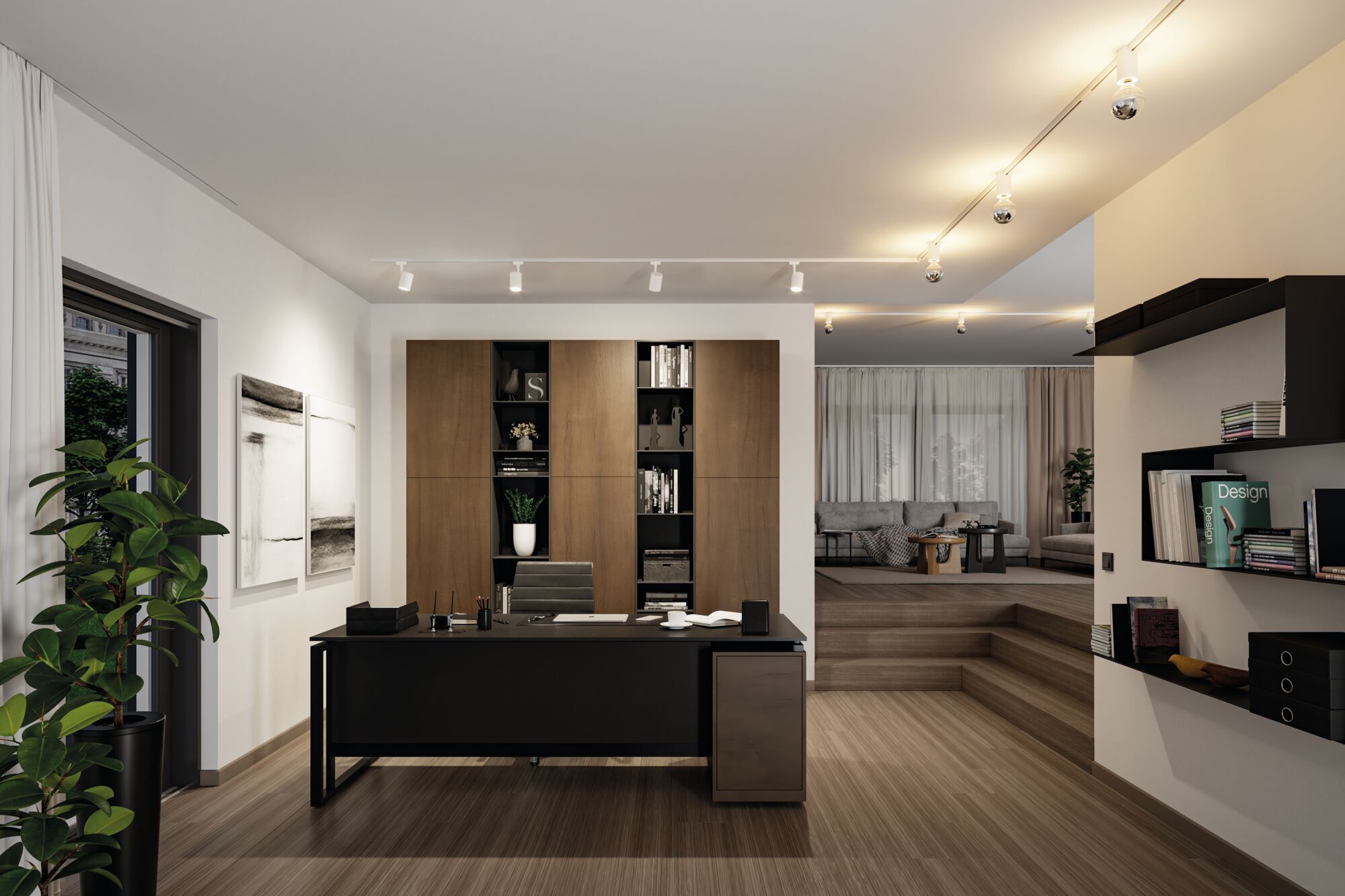 Modernes Büro mit schwarzem Schreibtisch und Holzregal, beleuchtet von weißen Paulmann LED-Strahlern.