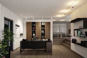 Modernes Büro mit schwarzem Schreibtisch und Holzregal, beleuchtet von weißen Paulmann LED-Strahlern.
