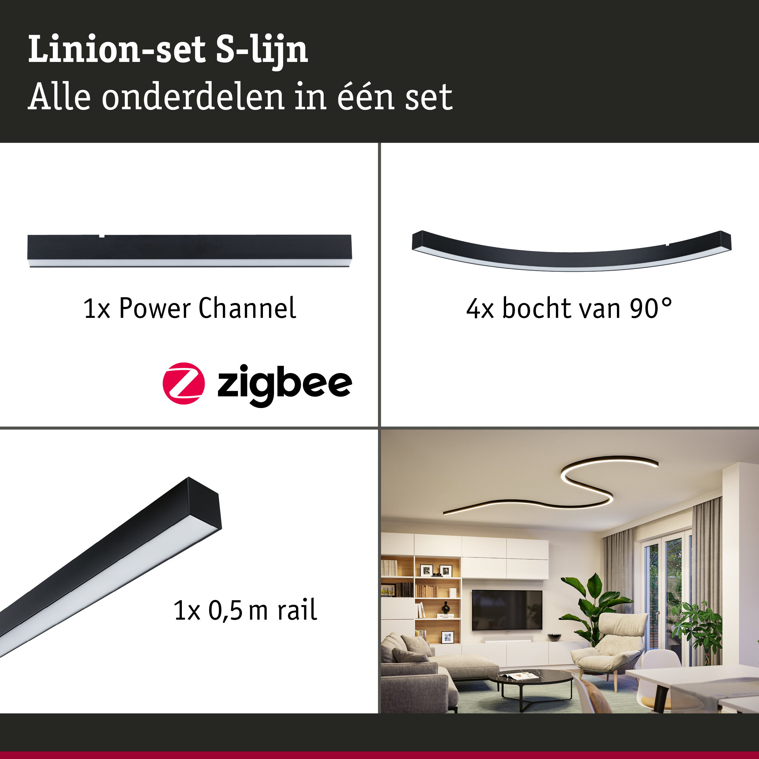 Linion Lichtkanaal Smart Home Zigbee 3.0 S-vorm Volledige set 230/24V W 3000K Signaal zwart