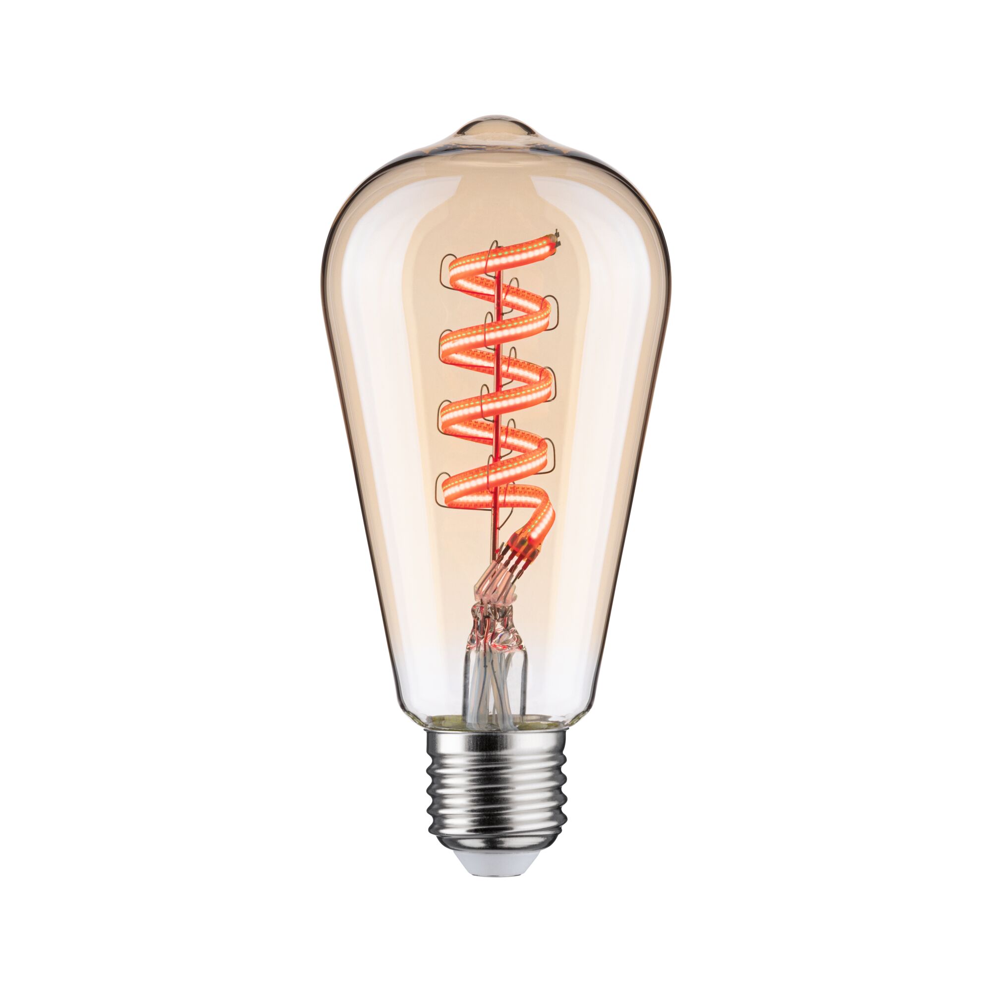 Vintage LED bulb with spiral red filament and clear glass for decorative lighting and energy saving