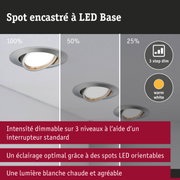 Spot LED encastré en aluminium brossé, intensité réglable sur 3 niveaux, lumière blanc chaud