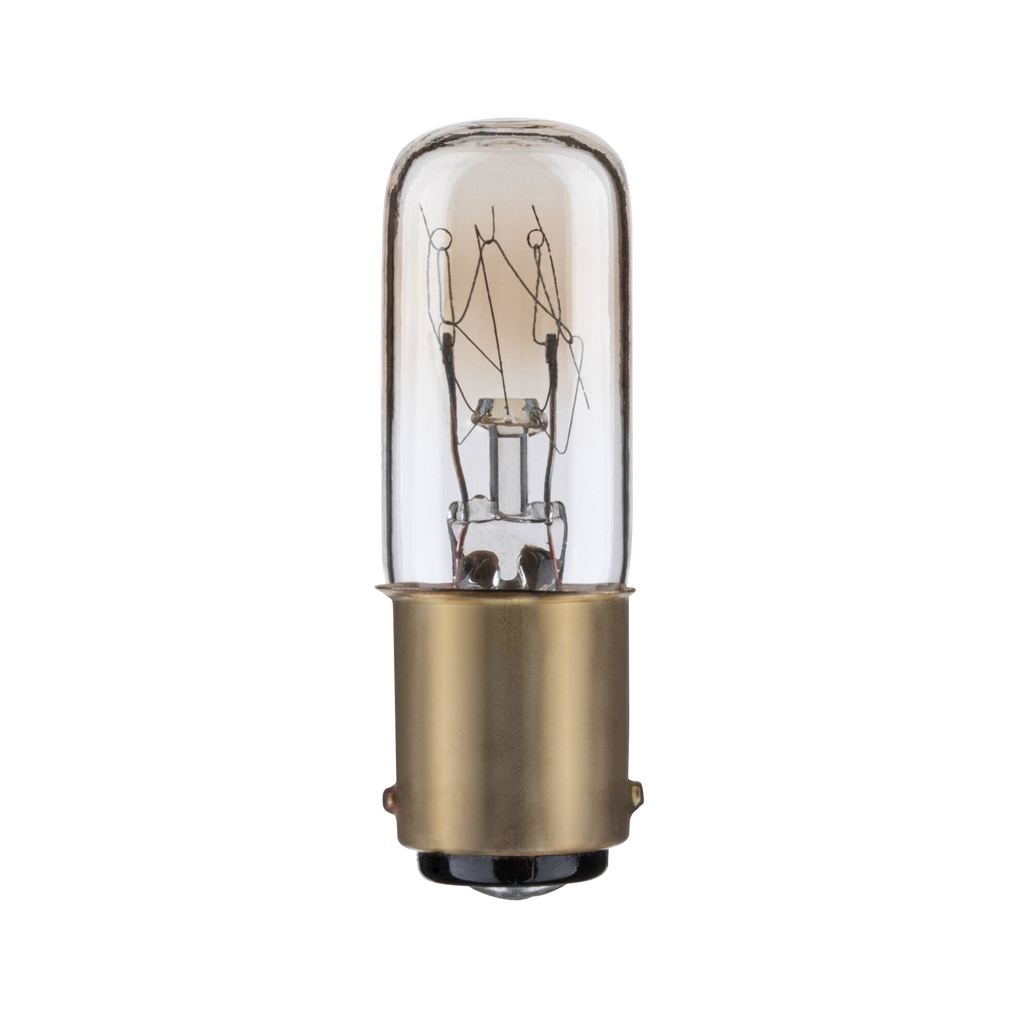 Żarówka BA15d 230V 75lm 15W 2300K ściemnialny Przezroczysty Small clear glass light bulb with brass-coloured base for lighting and lamps.