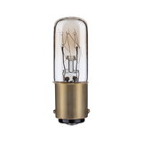 Kleine gloeilamp met helder glas en messingkleurige voet voor verlichting en lampen.