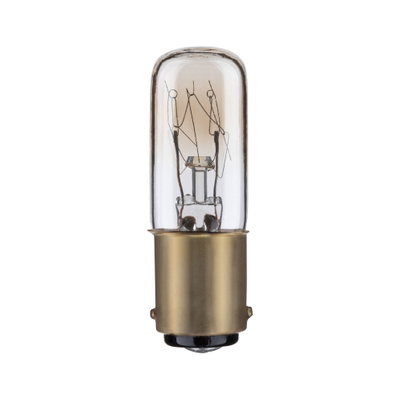 Kleine Glühlampe mit klarem Glas und messingfarbenem Sockel für Beleuchtung und Lampen.