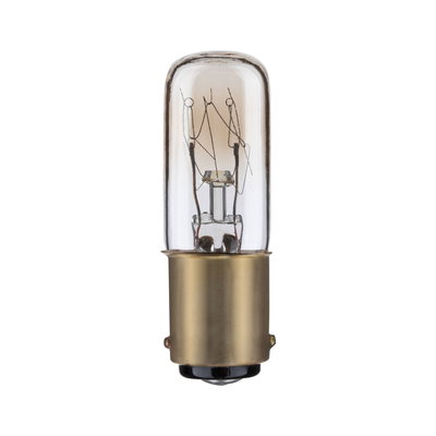 Kleine Glühlampe mit klarem Glas und messingfarbenem Sockel für Beleuchtung und Lampen.