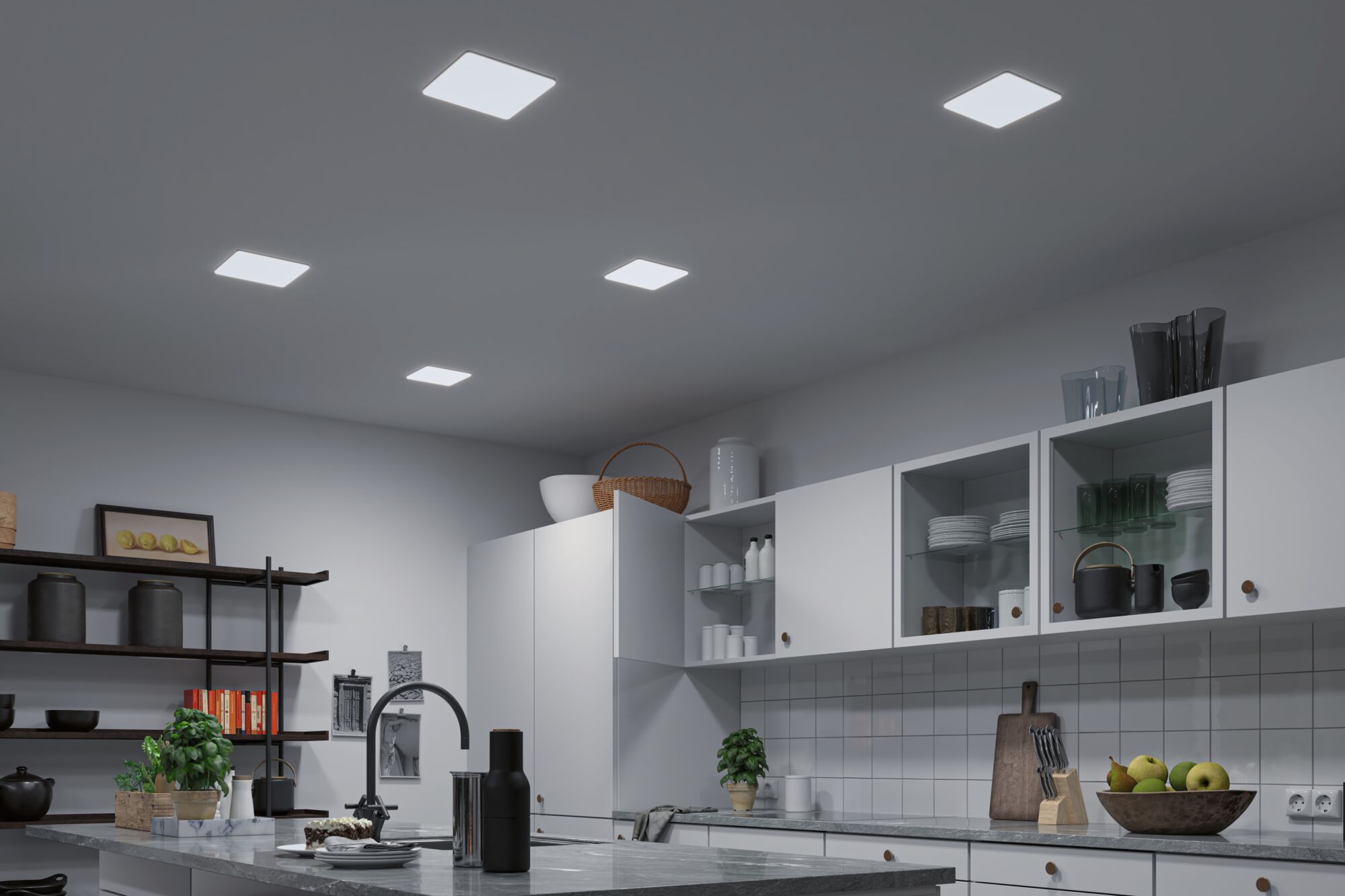 Modern kitchen with white cabinets and five square LED ceiling lights providing bright room lighting.