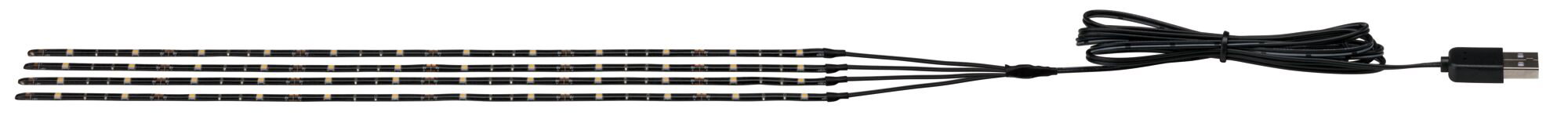 Quatre bandes LED noires avec connecteur USB, kit d'éclairage flexible pour effets lumineux d'ambiance.