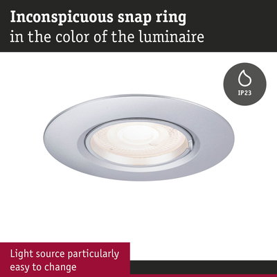 Round recessed LED light in silver aluminium with IP23 rating and easy light source replacement