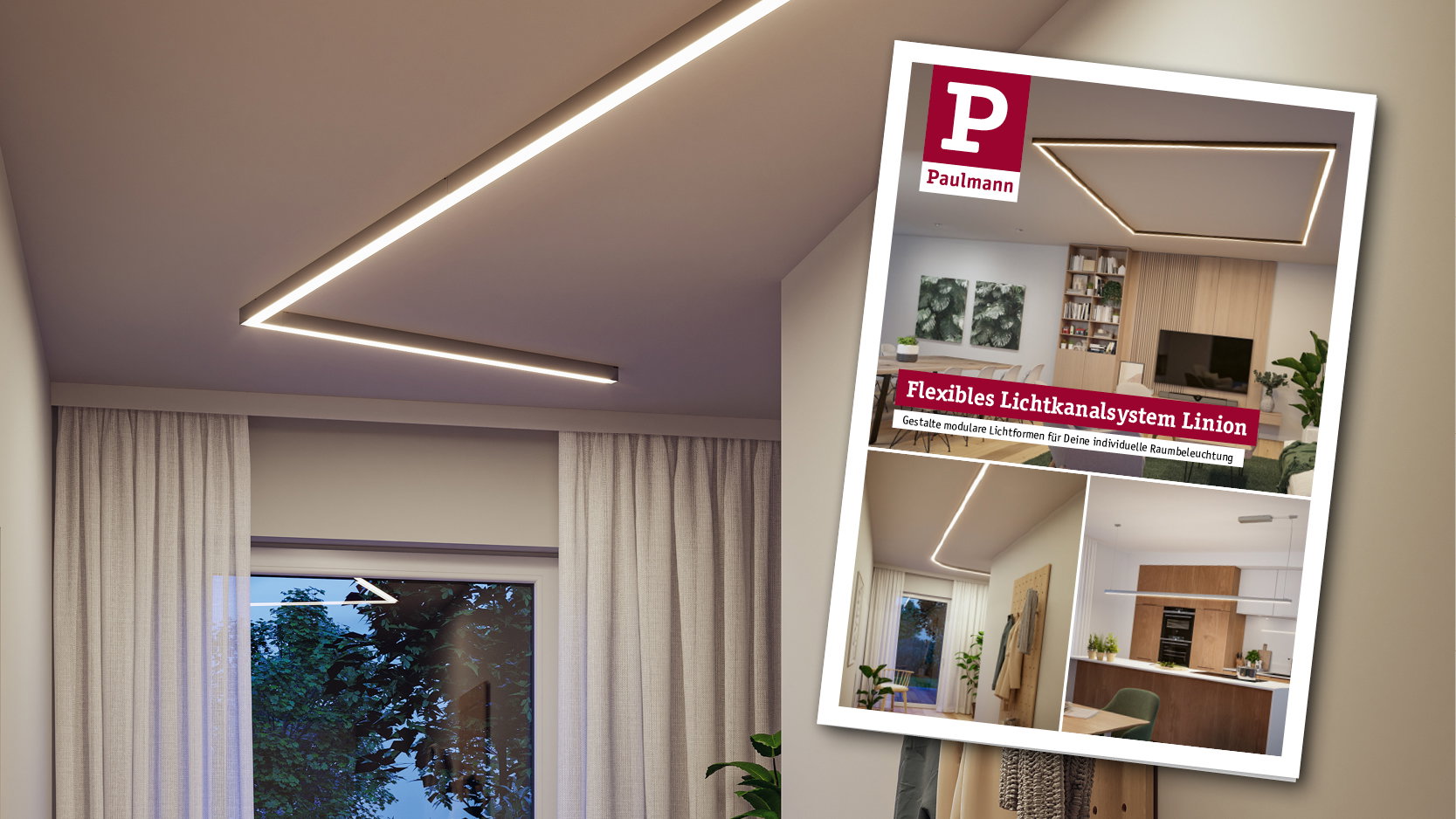 Flexibles Lichtkanalsystem Linion mit warmweißen LED-Leisten in modernem Wohnraum mit Vorhängen und Pflanzen