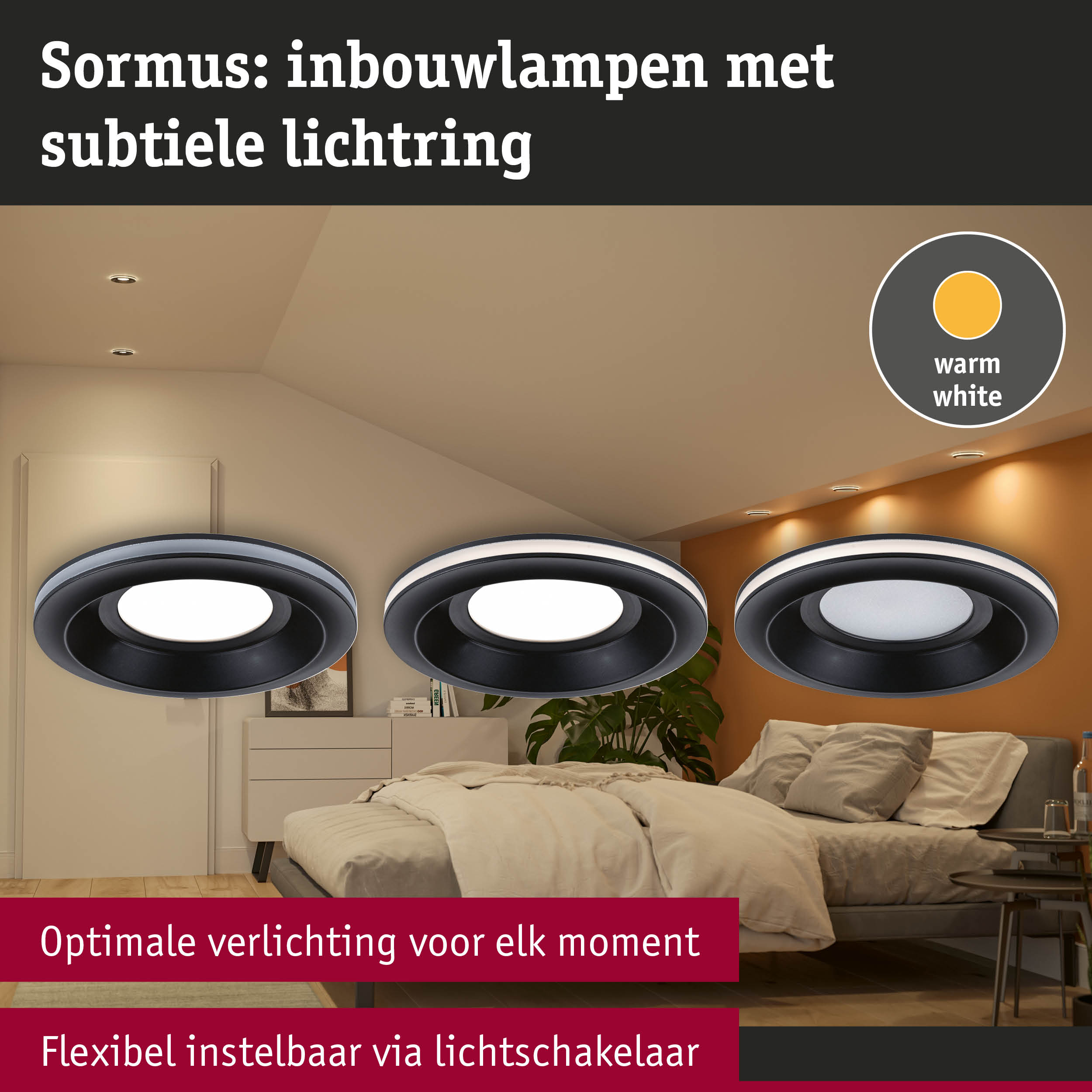 Zwarte inbouwspots met warmwit licht in moderne slaapkamer voor flexibele verlichting