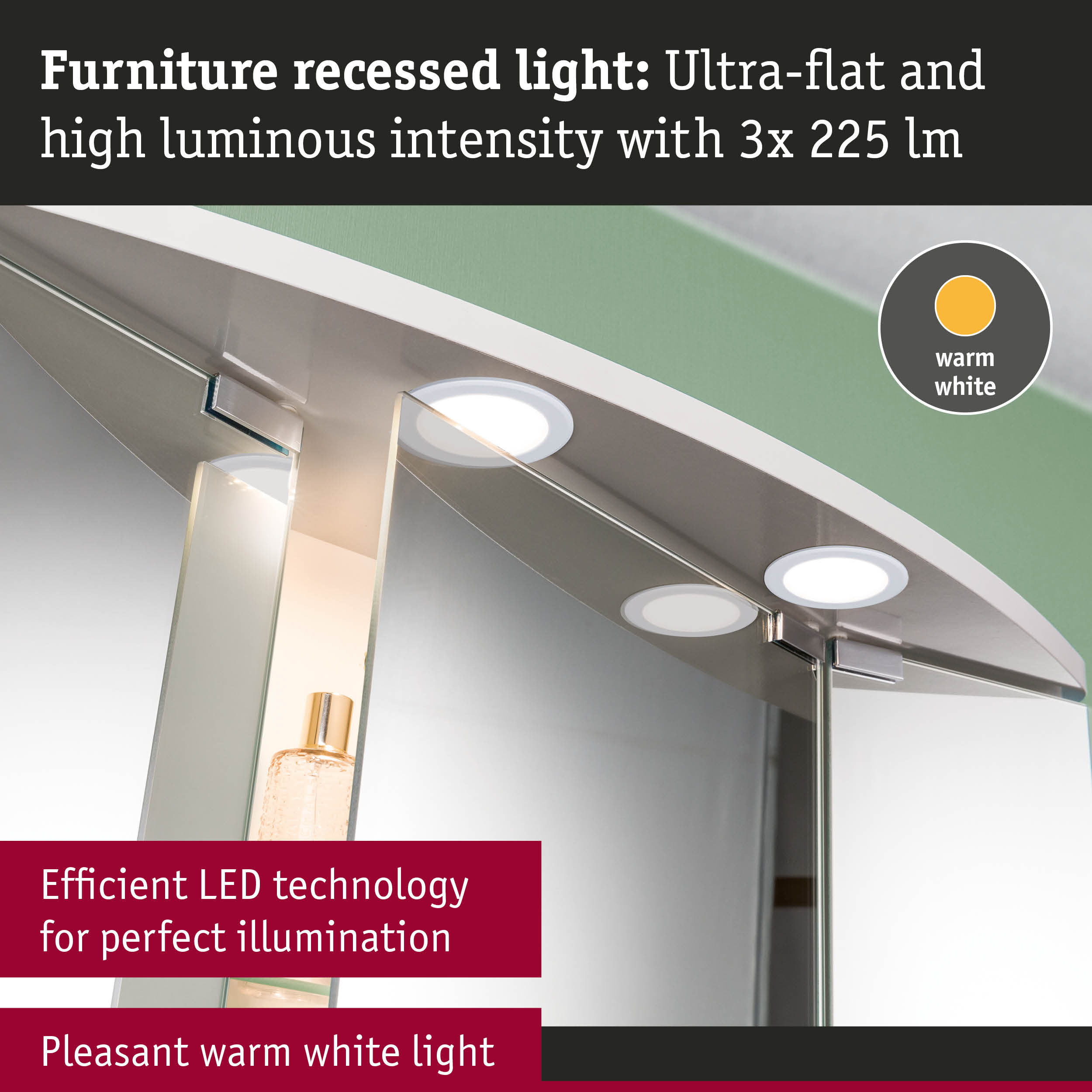 Ultra-flat furniture recessed LED light with warm white illumination for bathroom lighting