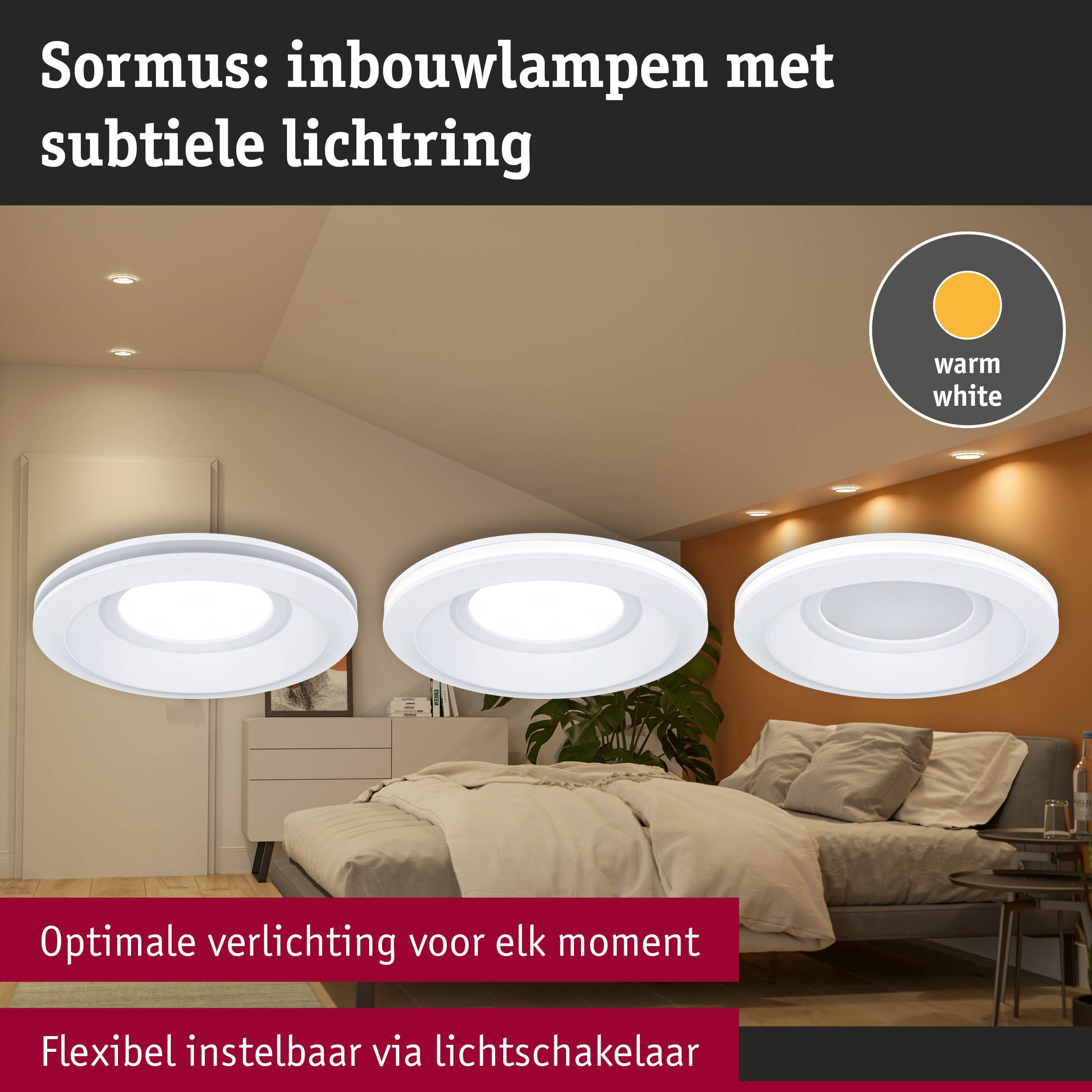 Sormus inbouwlampen met subtiele warmwitte lichtring voor flexibele slaapkamerverlichting