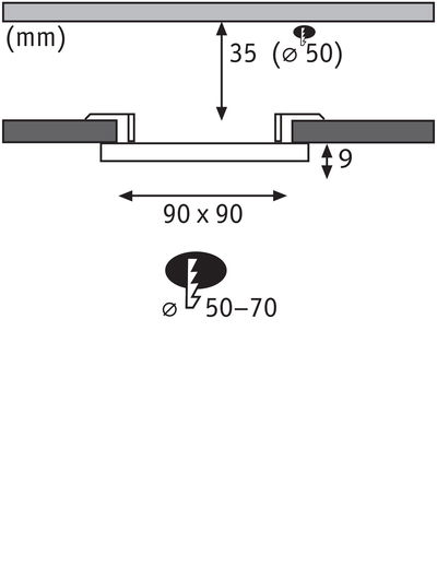 Technical drawing showing 90x90 mm dimensions and 9 mm depth for square LED recessed light.