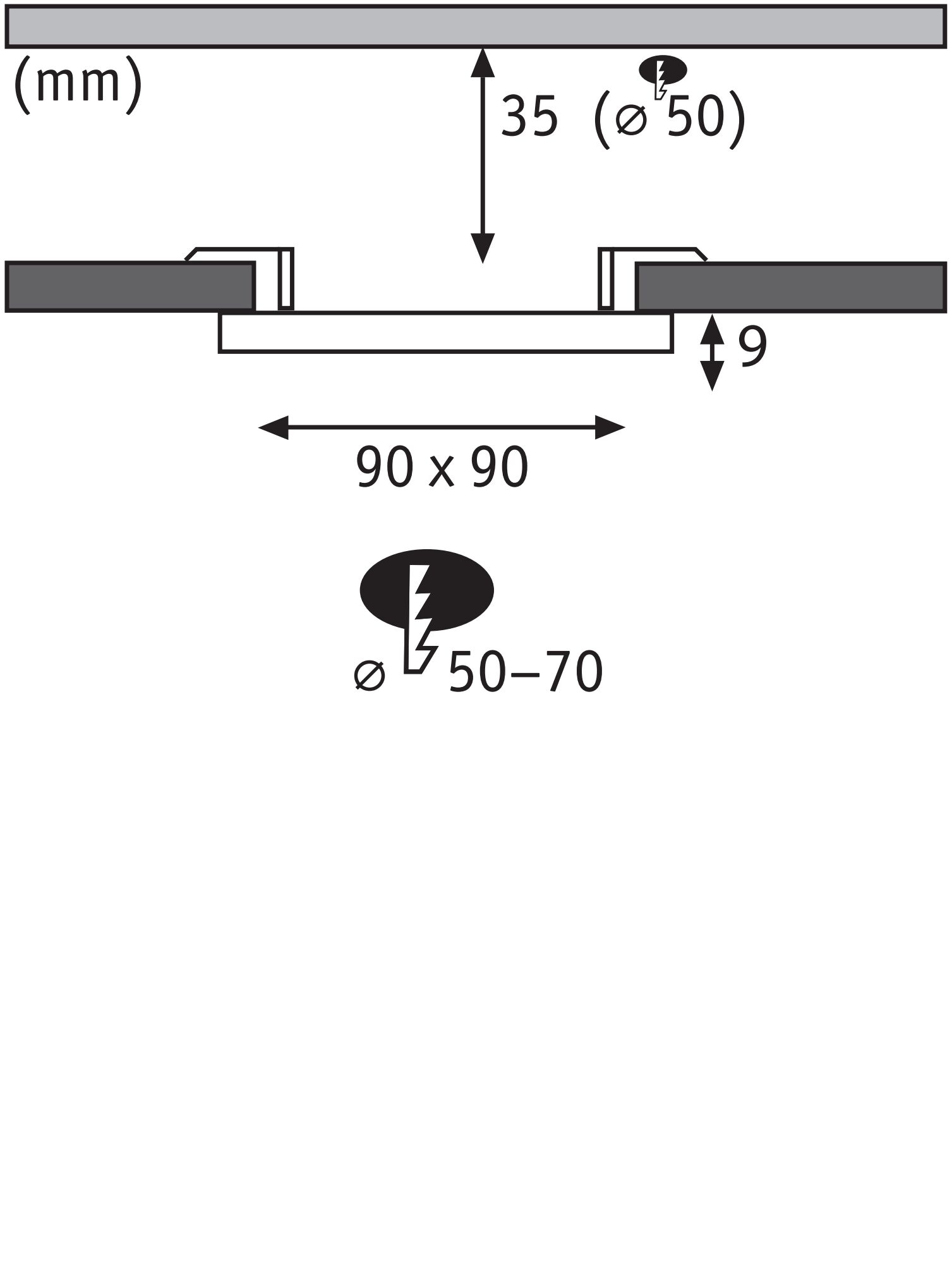 Technische Zeichnung mit Maßen 90x90 mm, Einbautiefe 9 mm, Bohrdurchmesser 50 mm für LED-Einbaustrahler