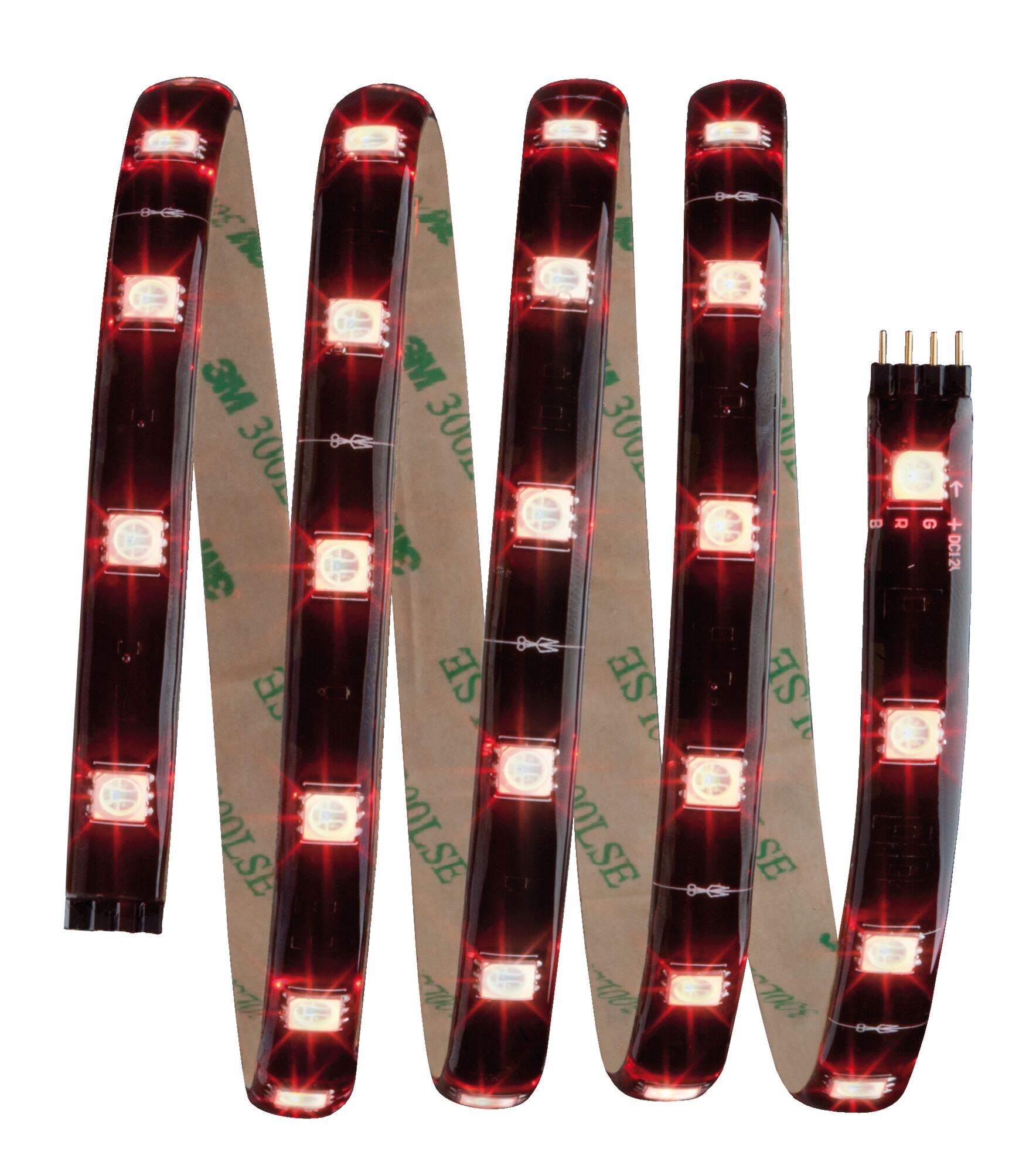 Flexible LED strip with red lights and adhesive backing for versatile lighting applications.