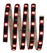 Flexible LED strip with red lights and adhesive backing for versatile lighting applications.
