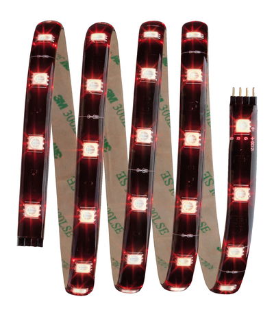 Flexible LED strip with red lights and adhesive backing for versatile lighting applications.
