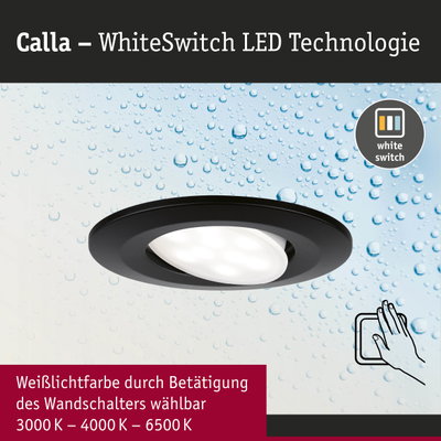 Schwarzer LED-Einbaustrahler Calla mit WhiteSwitch-Technologie und einstellbarer Weißlichtfarbe 3000K-6500K
