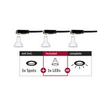 Trois spots LED blancs avec câble noir, illustration des composants spot et LED pour système d'éclairage.