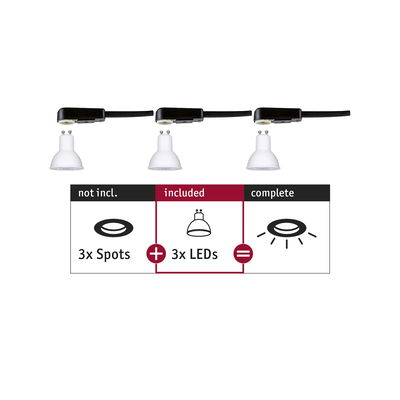 Trois spots LED blancs avec câble noir, illustration des composants spot et LED pour système d'éclairage.